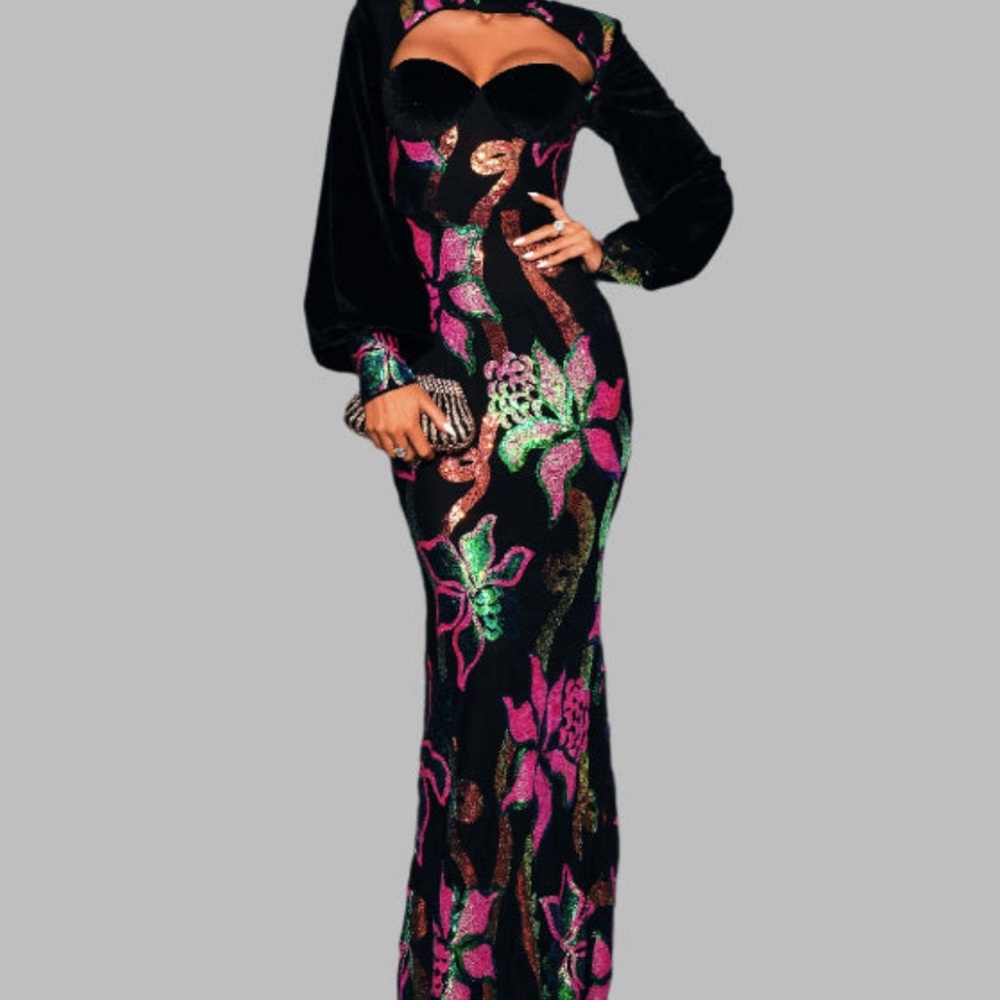 Elegant Black and Pink Floral sequins Women's Dress